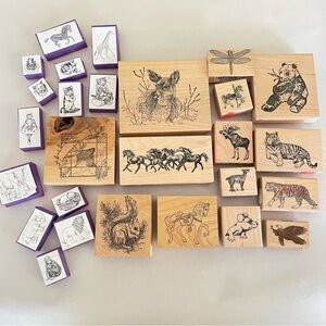 Wild Animal Rubber Stamp Wood Mount Lot Deer Horses Panda Bear Tiger Wildlife